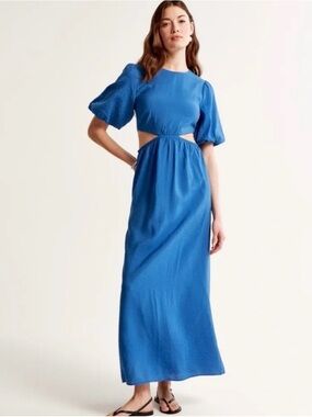 Abercrombie & Fitch Royal Blue Cutout Puff-Sleeve Maxi Dress